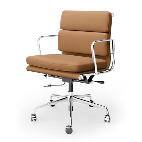 Image of Genuine Leather Office Chair, Padded Mid Back Ergonomic Executive Desk Chair with Aluminum Arm Rest and Base, Swivel Wheels with Lumbar Support & Tilting Function, Hight Adjustable Light Brown
