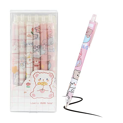 TACYKIBD Lot de 6 Stylos à Encre Gel Rétractables, Stylo Cartoon Mignon Kawaii, 0,5 mm de Pointe Fine, Stylos à Gel Noirs Mignons pour Remplissage, Idéal...