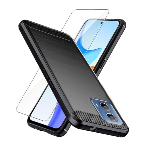 Vetro Temperato per Motorola Moto G34 5G Cover nero Carbon Fiber + Pellicola Protettiva - Morbida Case Flessibile Fibra di Carbonio Custodia per Moto G34 5G 6.5