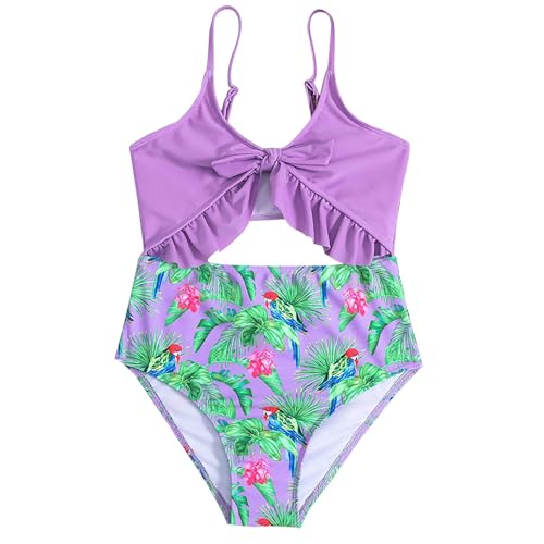 Girls One Piece Swimsuits Cut Out Monokini Ruffle Trim Tropical Floral Print Spaghetti Strap Beachwear Girls Swimwear