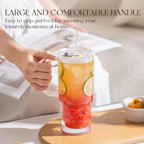Gobelet en verre de 789 ml avec poignée grand verre transparent avec couvercle x2
