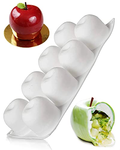 Silicone Mousse Mold - 8 Round Apple Shapes Bakeware Pop Molds for 3D Chocolate Dessert Decorating Pudding Jelly Gummy Ball Candy Ice Pack Cream Cake Pan - Tray for Soap Bath Bombs Baking Supplies