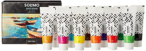 Amazon Brand – Solimo Acrylic Paints, Set of 12 Assorted Shades, 40ml Tubes