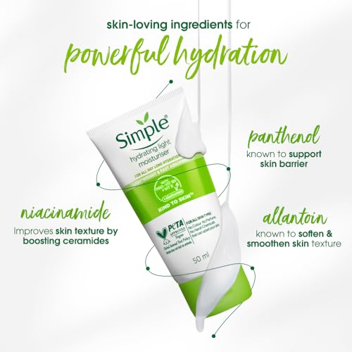 Image of Simple Hydrating Light Moisturiser, 50ml | 12hr Hydration | With Niacinamide, Pro-Vitamin B5, Glycerin & Borage Seed Oil | Lightweight, Non-Greasy Formula | For Soft, Smooth Skin