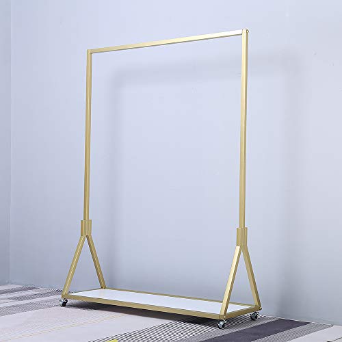 FURVOKIA Modern Simple Heavy Duty Metal Rolling Garment Rack with WheelRetail Display Clothing RackWrought Iron Single Rod Floor-Standing Hangers Clothes Shelves Gold Square Tube with Wood 472 L