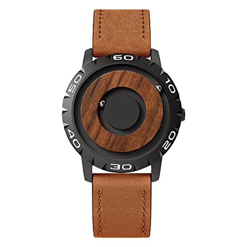EUTOUR Montre Homme en Bois Magnétique Pas de Verre Roulement à Billes Quartz Montres Bracelet pour Homme avec Bracelet en Cuir Marron