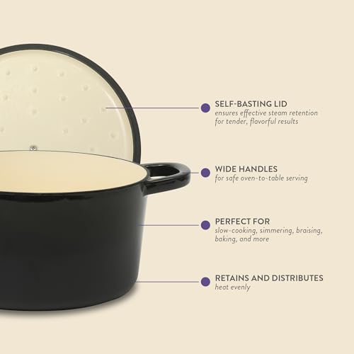 Image of Crock Pot Artisan 7-Quart Round Cast Iron Dutch Oven with Lid - Black Enamel Finish, Gold Knob, Durable Heavy-Duty Cookware for Slow Cooking, Baking, and Roasting