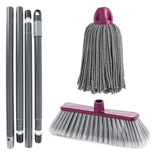MAYA Kit Limpieza Atomic Gris. Palo Desmontable 4 Secciones 1,40 m + Escoba Antigolpes + Fregona 100% Microfibra. Limpieza Eficiente y Duradera para Superficies Lisas e Interiores. (Burdeos)