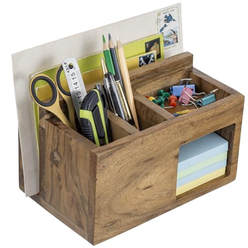 MyGift Rustic Solid Acacia Wood Office Desktop Stationery Organizer, Desk Caddy with Mail Slot...