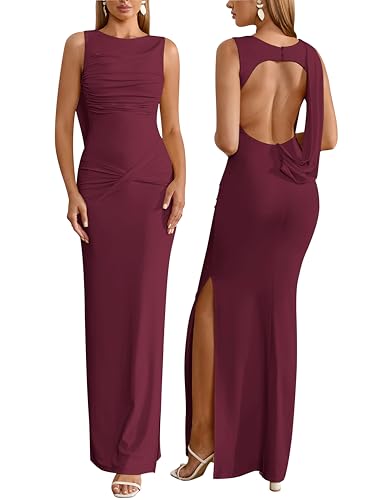 Image of Parthea Women Wedding Guest Dress Bodycon Long Sleeveless Backless Side Slit Elegant Evening Party Cocktail Maxi Dresses
