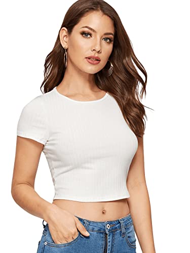Image of Women's Round Neck Short Sleeve Ribbd Knit Slim Fit Crop Top T Shirt