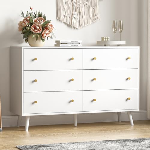 Image of HOUROM White Dresser, Modern 6 Drawer Double Dressers, Wood Chest of Drawers for Living Room, Hallway, Entryway