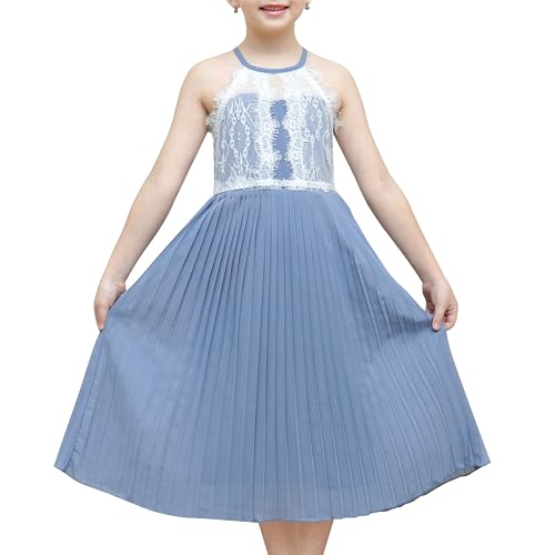 Sunny Fashion Girls Dress Haze Blue Halter Princess Pleated Formal Party Wedding