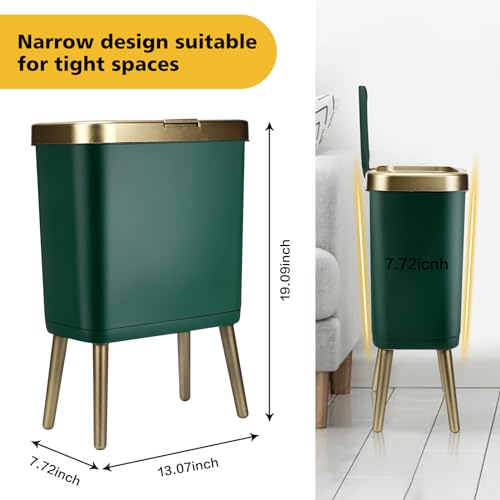 Yatgowell YA-002 Office Trash Can With Lid,Slim Bathroom Garbage Can With Lid, 4 Gallon Kitchen Trash Bin With Gold Edge,Modern Green Trash Can Waste Basket thumb #1