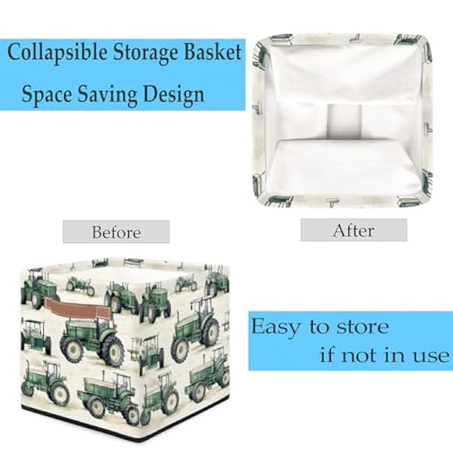 13x13 Storage Cube Green Tractor Fabric Collapsible Storage Bins with Handles Large Decorative Storage Box for Organizing Closet, Clothes, Shelf, Shelves, Office