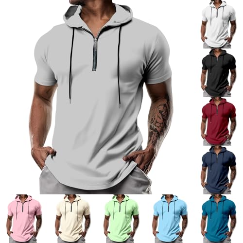 evzosrz Hoodies Mens Quarter Zipper Short Sleeve Hooded T-Shirts Drawstring Lightweight V Neck Pullover Summer Athletic Shirt4