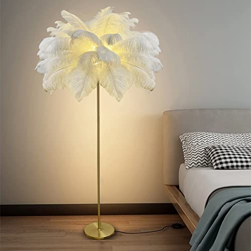 AvgnLxqe La plume lampadaire sur pied salon,160cm lampadaire led Plume d'autruche naturelle,Chambre moderne simple lampe sur pied Corps de lampe dorée, avec une ampoule LED G4 * 4 (Blanc)