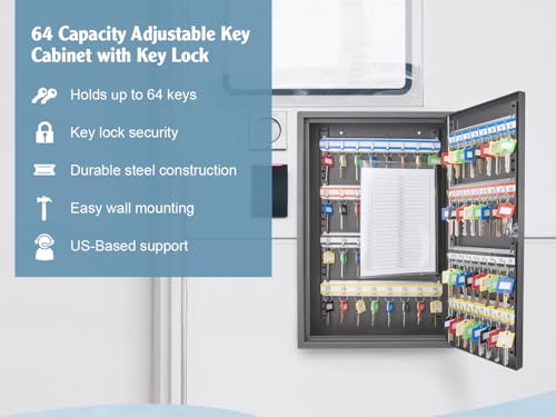 Barska 64 Position Key Lock Box – Steel Key Cabinet with Numbered Hooks, Key Log Sheet, Colored Tags, Index Chart, Labeled Shelves