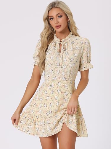 Image of Allegra K Womens Floral Chiffon Mini Dress Ruffle Hem Puff Short Sleeve