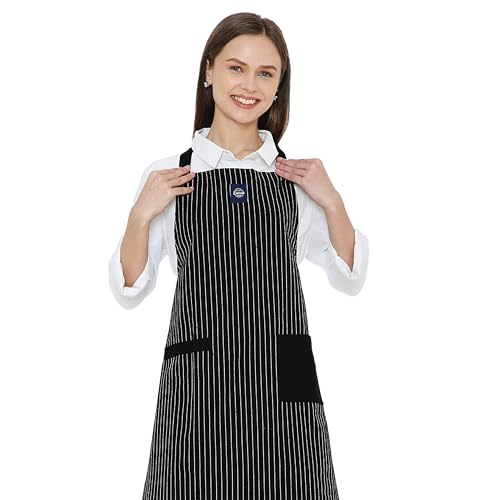 Image of Encasa XO Cotton Cooking kitchen Apron for Women and Men chef apron With adjustable neckstrap, Pocket & Towel Holder for Easy cooking, Baking, BBQ, Gardening- Butcher Stripes Black, 68x85 cm