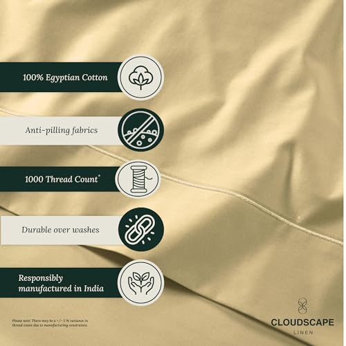 Cloud Scape Linen 100% Egyptian Cotton Sheets for Queen Size Bed, 4 Pieces Bedding Set, 1000 Thread Count, Hotel Quality, Silky Soft, Deep Pockets up to 17”, Dark Linen