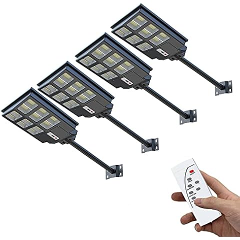 FEELON 4 Pack 480LEDs 400W LED Solar Street Lights, 32700/5000mAh Solar Battery Power Street Lamps Outdoor Dusk to Dawn for Parking Lot, Yard, Garage and Garden. Cover