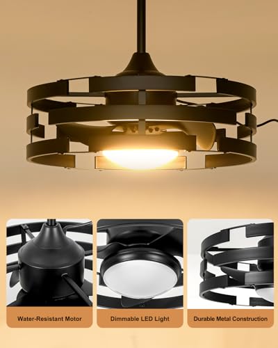 Image of Roomratv 20 inch Outdoor Ceiling Fan with Light, Black Caged Ceiling Fan with Remote,Modern Enclosed Hanging Fan,IP65 Waterproof Plug in Fan for Gazebos, Patios and Porches