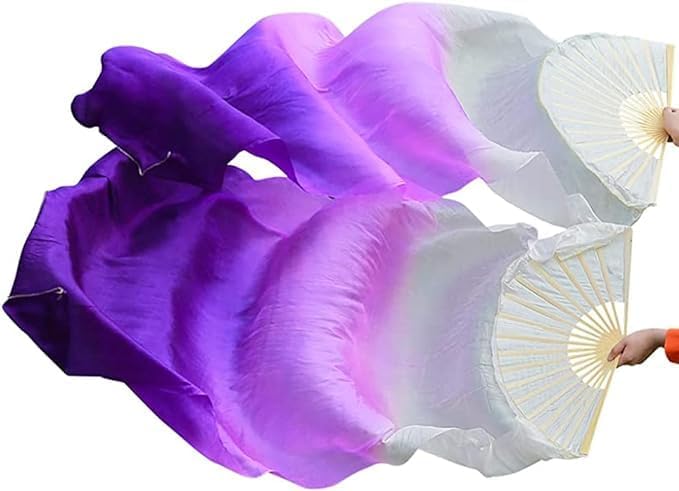 Women 1 Pair Hand Made Silk Belly Dance Fan Veils Long Bamboo Fan for Dancing - Image 2