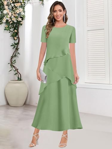 Modest Mother of The Bride Dresses with Sleeve Tiered Chiffon Wedding Guest Dress with Pockets4