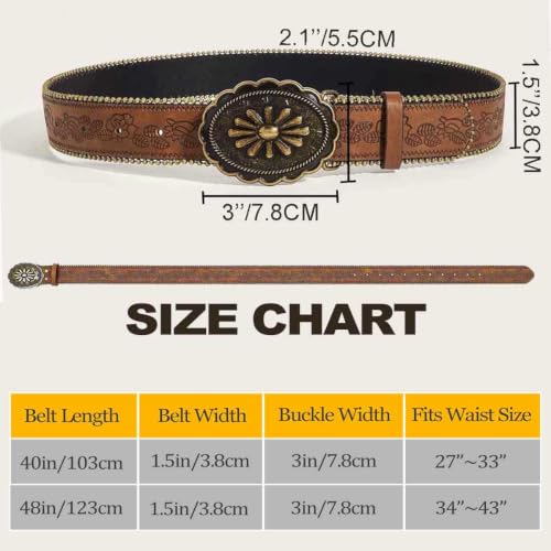 Image of Yalice Western Brown Belt for Women Vintage Cowgirls Leather Jeans Belts with Embossed Buckle