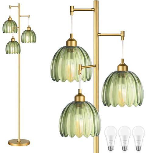 Image of QIYIZM Gold Floor Lamp for Living Room,Bedroom,Mid Century Modern Standing Lamp Brass Tree 3 Light Tall Floor Lamps Vintage Retro Floor Lights Glass Green Flower Lamp Shade Farmhouse Boho Bohemian