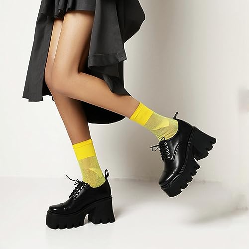 Women's Patent Leather Lug Sole Chunky Heel Oxfords,Fashion Lace Up Height Increase Platform Gothic Oxfords Pumps Business Work Dress Shoes 6