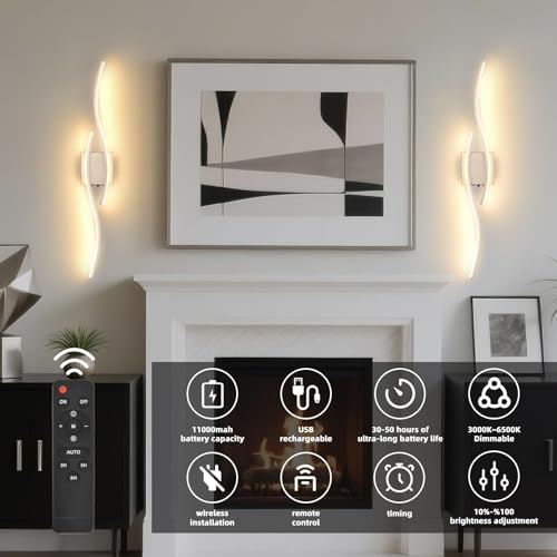 Image of Battery Operated Silver Wall Sconce, Brushed Nickel USB Rechargeable Wireless Sconces Set of 2, LED Dimming Wall Lamp 3 Color /Timer /Memory, Silve 31.4 Inch Wall Lights for Bedroom Living Room Hallway