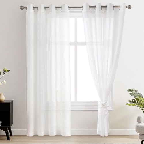 Image of White Sheer Curtains & Drapes 96 inches Long for Living Room - Grommet Top Solid Lightweight & Airy Gauzy Window Treatments with Light Filtering for Bedroom, 2 Panels, W52 x L96