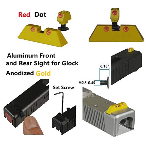 TWP Aluminum Front and Rear Sight 6.5 mm for Glock 17 19 22 23 24 26 27 31 34 35, Anodized Gold,Red Circle
