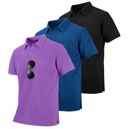 ZITY 3 Pack Polo Shirts for Men with Pocket Short Sleeve Moisture Wicking Outdoor Tactical Shirt Summer Casual Medium Violet+royal Blue+black