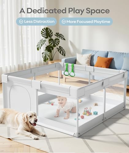 Image of Fodoss Baby Playpen for Babies and Toddlers, 50x50in Small Play Pen, Grey | Breathable Mesh Play Yard for Indoor & Outdoor, Sturdy Safety Play Area with Pull-Up Rings