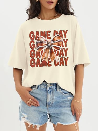 QLIPIN Game Day Shirts Women Oversized Football Bow Shirt Football Mom Tshirt Gameday Coquette Bow Short Sleeve Tee Tops3