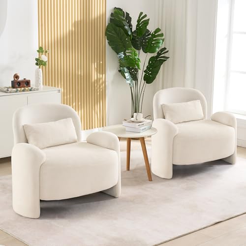Image of LOULENS Comfy Accent Chair Set of 2, Modern Linen Fabric Lounge Armchair for Living Room, Upholstered Comfy Mid-Century Reading Chair Sofa Chair for Bedroom, Waiting Room, Corner, Office, Beige