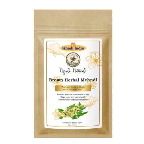 Image of Khadi Nyoli Natural Brown Herbal Mehndi Powder for Hair 100gm | Enriched with Amla,Shikakai,Bhringraj & Fenugreek powder| 100% Natural Ayurvedic Henna for Grey Hair Coverage | Chemical-Free & Ammonia-Free Hair Color | Long-Lasting Natural Black Hair Dye for Men & Women
