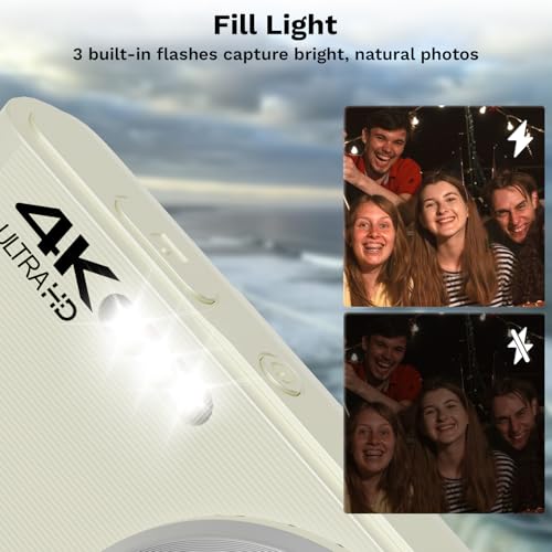 FHD 4K 44MP Digital Camera with 64GB SD Card, 16X Digital Zoom, Compact, Kids, Teens, Boys, Girls, Milk Color