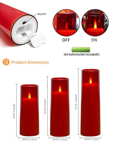 Image of kakoya Flickering Flameless Candles Battery Operated with Remote and 2 /4 /6 /8 H Timer Plexiglass Led Pillar Candles Pack of 9 (D2.3 xH5.5 6.5 inch 7.5 inch) with Realistic 3D Wick Candles for Home Decor(Red)