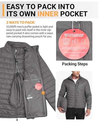 33,000ft Mens Winter Lightweight Jacket Warm Short Packable Puffer Jacket Transitional Padded Jacket Quilted Jacket for Men Lined for Hiking Travelling - Image 4