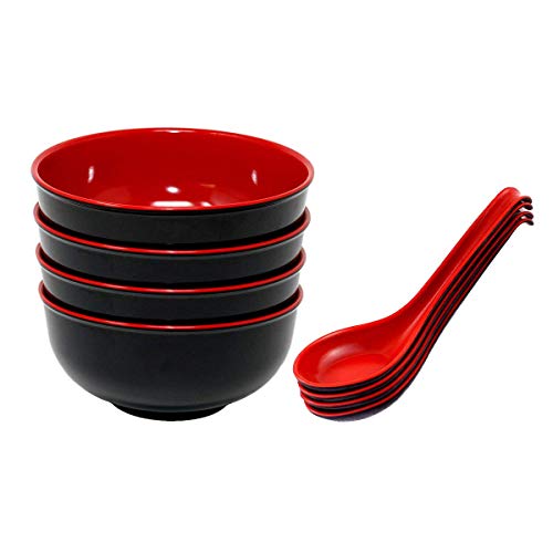 ISKYBOB - Juego de cuenco y cuchara de melamina para fideos de estilo chino con cucharas de sopa de mango largo, 4 cuencos para sopa, 4 cucharas de mango largo Bowl and Spoon Sets Red and Black Cover