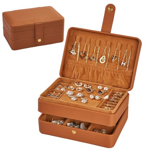 ジュエリーボックス 3段式 大容量 PUレザー 旅行用 コンパクト 軽量 アクセサリーケース 収納 取り外し可能仕切り 指輪 ネックレス イヤリング ピアス ブレスレット 女性 プレゼント ギフト (ブラウン)