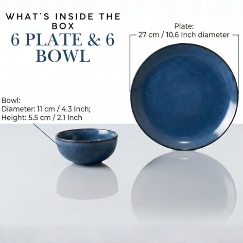 Image of Freakway Premium Reactive Glaze Dinner Set, Midnight Blue, Stoneware, 12 Piece, 6 Dinner Plates and 6 Serving Bowls, Round, Speckled Finish