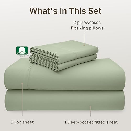 Image of California Design Den Natural 100% Cotton Bed Sheets King Size Set - Luxury 600 Thread Count Sateen, Hotel Quality King Size Sheet Set, Fully Elasticized Deep Pockets, Cool and Durable - Laurel Green