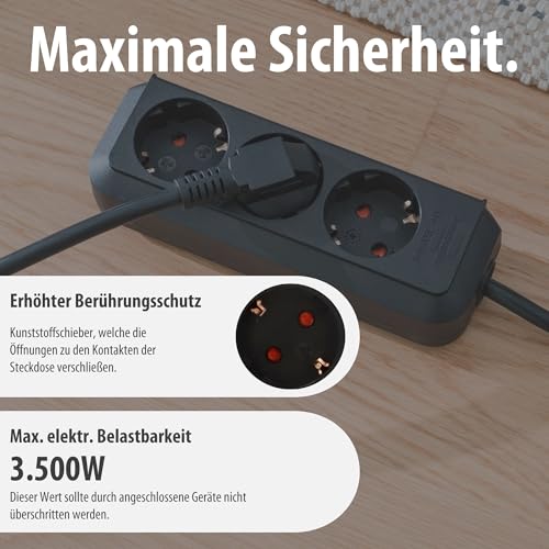 Brennenstuhl Eco-Line Steckdosenleiste 3-Fach (Mehrfachsteckdose mit erhöhtem Berührungsschutz und 1,5m Kabel) schwarz – Ansicht 2