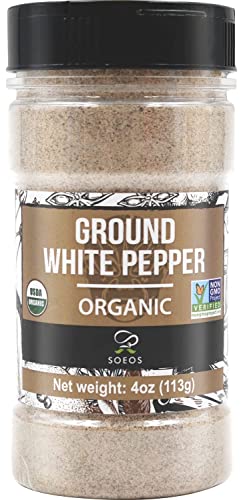 Soeos Organic White Pepper Ground Fine 4oz (113g), Non-GMO, Organic, Freshly Packed to Keep Peppers Fresh, Fine White Pepper Bulk, Fresh White Pepper Powder, Ground White Peppercorns for Refill.