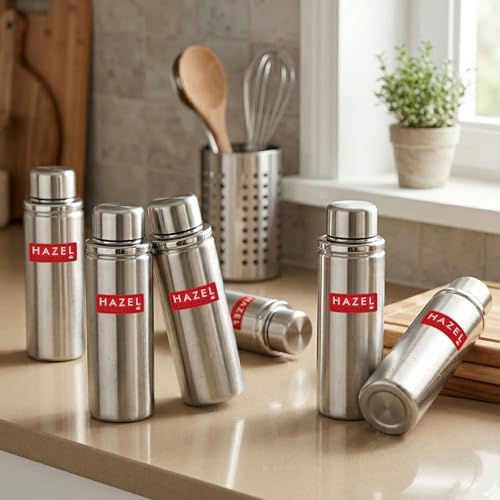 Image of HAZEL Single Wall Stainless Steel Bottle 700ml | Lightweight Water Bottles | Durable Steel Fridge Bottle | Travel-Friendly Design | Set of 6